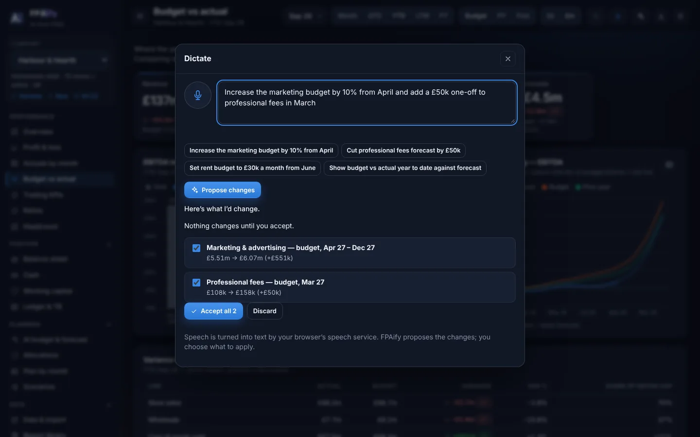 Dictate panel: the instruction “increase the marketing budget by 10% from April and add a £50k one-off to professional fees in March” turned into two proposed changes with before and after amounts, each with a checkbox, and an Accept button